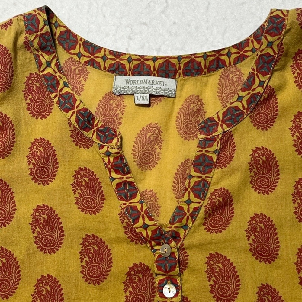 World Market Womens L/XL Yellow Paisley Cotton Tunic Blouse Boho Peasant - Picture 2 of 6